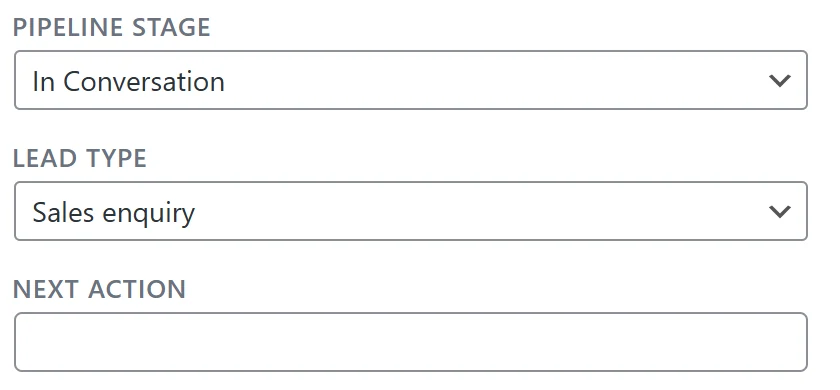 Configurable pipeline stage, lead type and next action fields