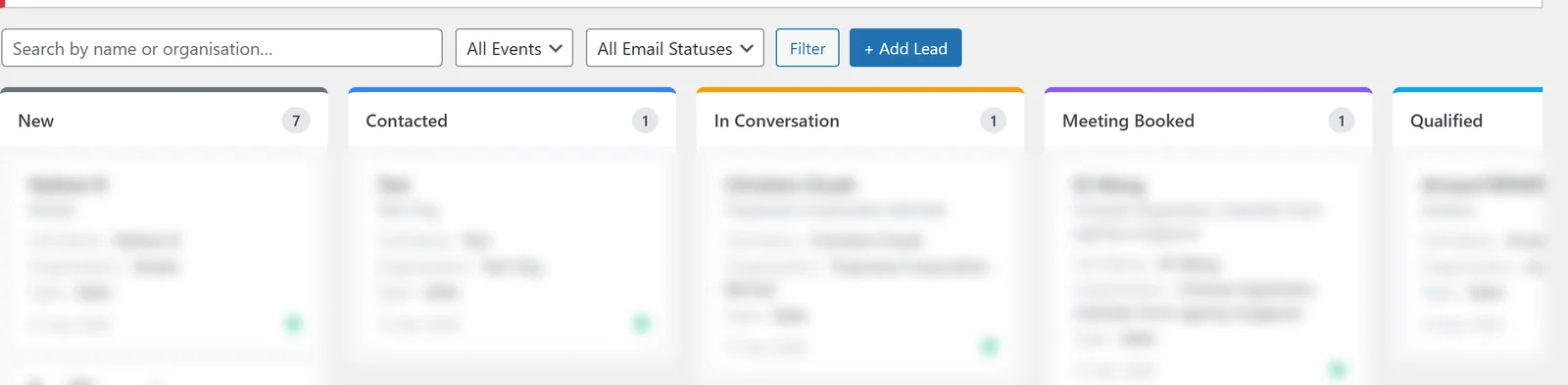 WK Sales Leads Kanban pipeline with New, Contacted, In Conversation, Meeting Booked and Qualified stages