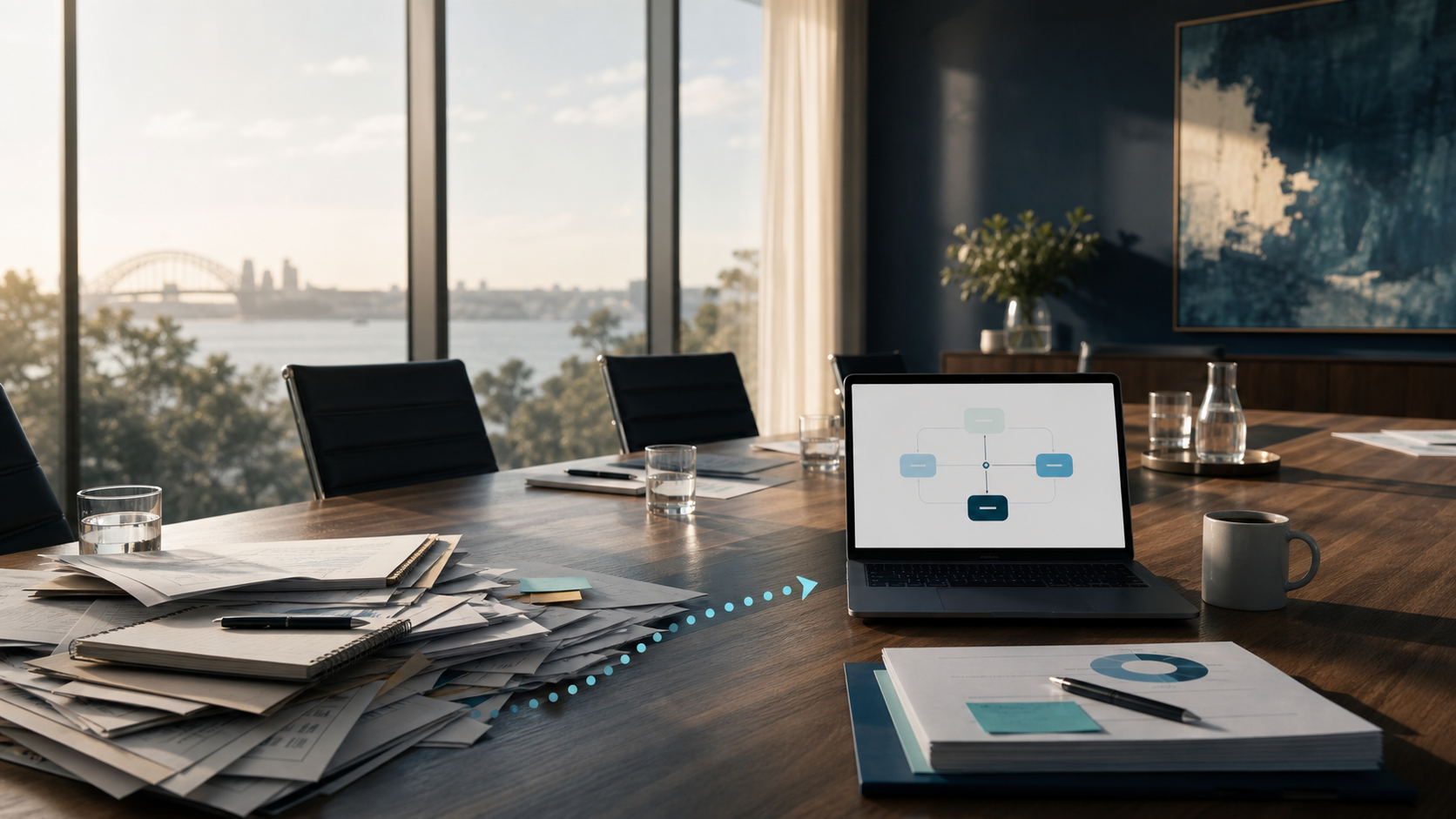 Board papers and a digital workflow on a boardroom table