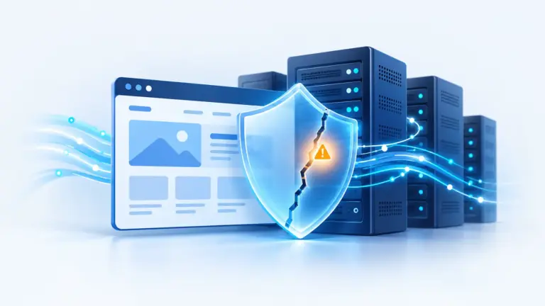 Illustration of a website and servers behind a cracked shield, representing a software security vulnerability.